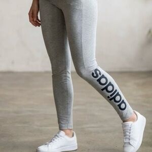 Adidas Grey Heather Linear Logo Leggings Cotton Classic Sporty Loungewear